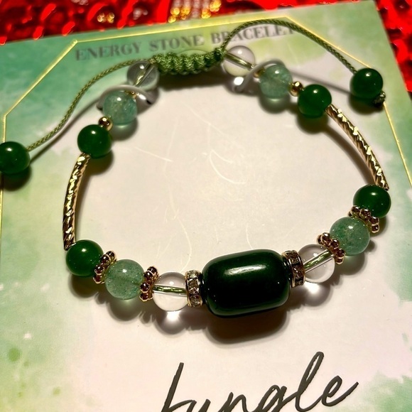 Brand New La Meno 18K Gold Plated Green Jade & Quartz Energy Stone Bracelet - Picture 4 of 10